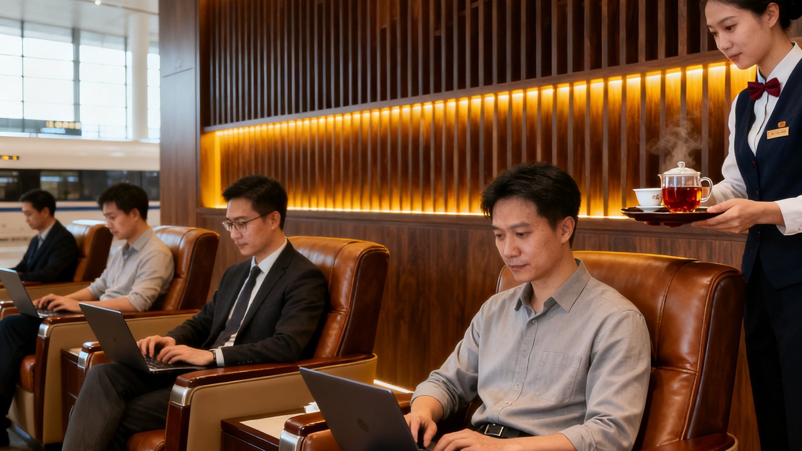 广州南站GBTJT高铁贵宾厅内景，深色木质格栅墙面上镶嵌着暖色灯带，几位商务旅客坐在独立的皮革扶手椅上使用笔记本电脑，服务人员正端上刚冲泡的武夷山大红袍。