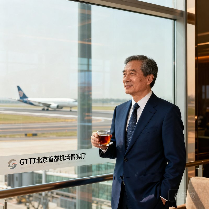 一位50岁左右的外事机构代表，穿着深蓝色西装佩戴领带，在GBTJT北京首都机场贵宾厅的落地窗前站立，手持一杯红茶，窗外可见跑道上的飞机，神态从容笃定。